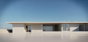 Modernt minimalistiskt hus med rena linjer och ljus fasad.