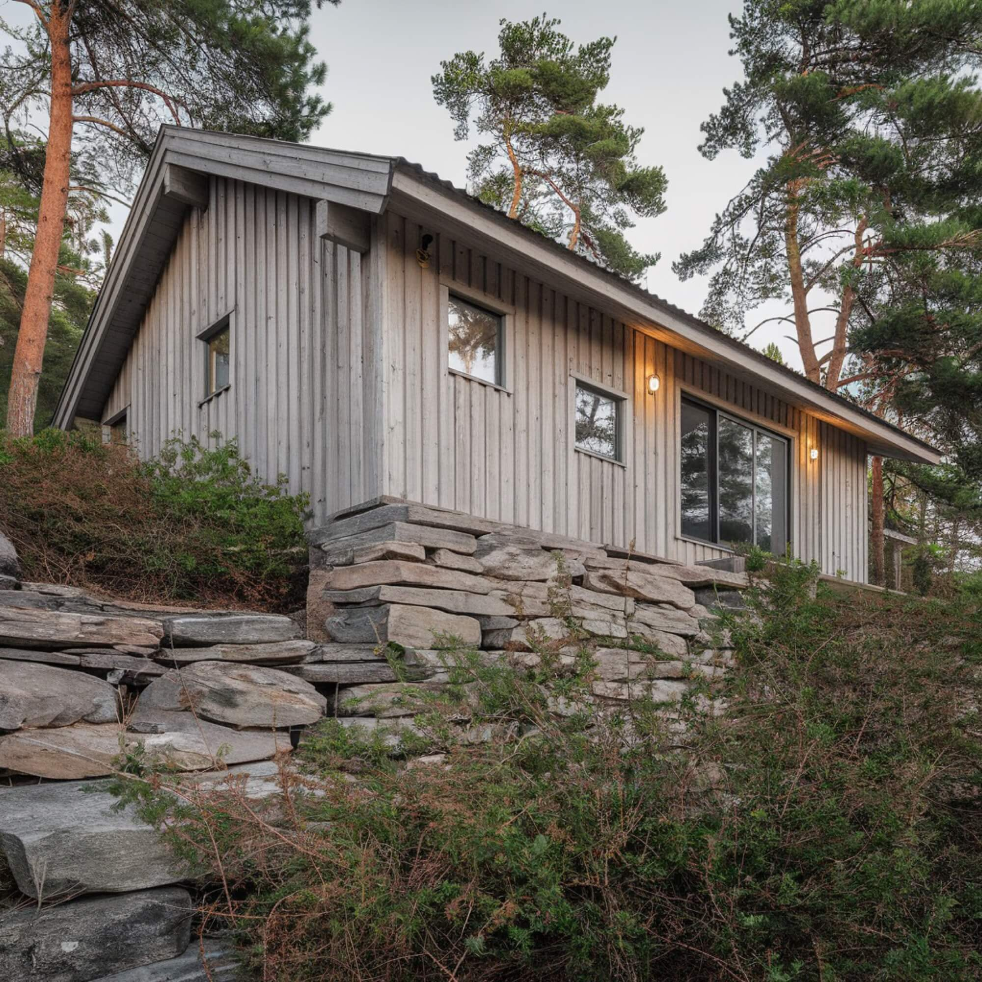 Ett hus med ljus träpanel byggt på en sluttningstomt med en grund av natursten, en anpassad nybyggnation.
